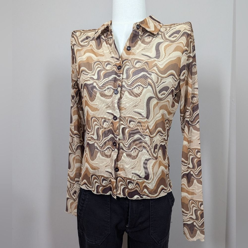Rebel Sugar Sheer Stretch Mesh Top Small Y2K 90s Retro Psychedelic Print Blouse